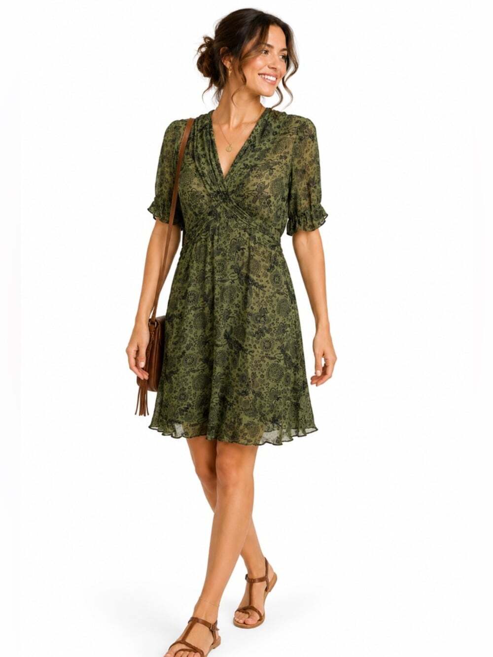 ULF Anderson Green Size Medium Bloom Chic Midi Dress Floral Short Sleeve Pattern